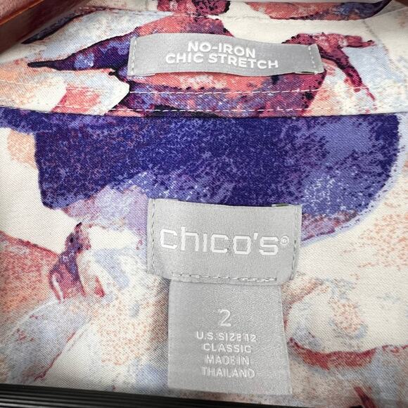 Chicos Chic Stretch No Iron LARGE 2 US 12 Purple Pink Formal Tropical Shirt Top - Picture 2 of 8